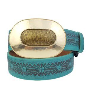 Western Hand Painted floral tooled belt w. Gold Buckle